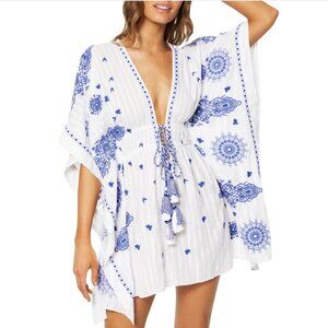 NWT Ramy Brook Kristos Cotton Kaftan Cover-Up Azure/White M/L Resort Ready